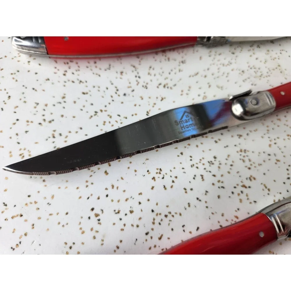6x Smart Home Essentials for Living Red Handle Serrated Steak Knives Flatware